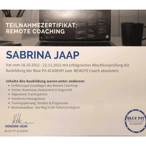 Ausbildungszertifikat  Sabrina Jaap | Remote Coaching